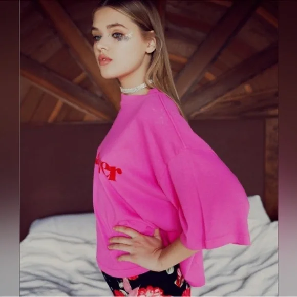 Daydream Nation Cat Lover Cropped Oversized in Kiss Pink Tee Size Small - Picture 3 of 13